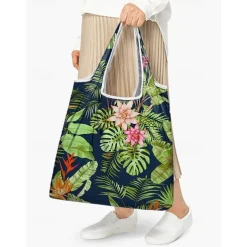 Reusable Foldable Shopping Bag with Tropical Print – Large Capacity Eco-Friendly Tote for Women, Lightweight and Durable for Groceries, Travel or Beach Use Blue Green