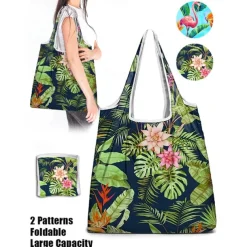 Reusable Foldable Shopping Bag with Tropical Print – Large Capacity Eco-Friendly Tote for Women, Lightweight and Durable for Groceries, Travel or Beach Use Blue Green
