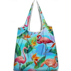 Reusable Foldable Shopping Bag with Tropical Print – Large Capacity Eco-Friendly Tote for Women, Lightweight and Durable for Groceries, Travel or Beach Use Blue Green