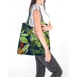 Reusable Foldable Shopping Bag with Tropical Print – Large Capacity Eco-Friendly Tote for Women, Lightweight and Durable for Groceries, Travel or Beach Use Blue Green