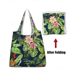 Reusable Foldable Shopping Bag with Tropical Print – Large Capacity Eco-Friendly Tote for Women, Lightweight and Durable for Groceries, Travel or Beach Use Blue Green