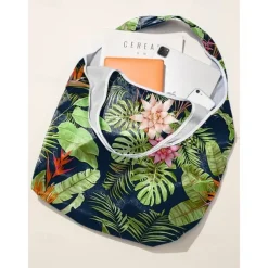 Reusable Foldable Shopping Bag with Tropical Print – Large Capacity Eco-Friendly Tote for Women, Lightweight and Durable for Groceries, Travel or Beach Use Blue Green