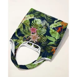 Reusable Foldable Shopping Bag with Tropical Print – Large Capacity Eco-Friendly Tote for Women, Lightweight and Durable for Groceries, Travel or Beach Use Blue Green