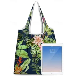 Reusable Foldable Shopping Bag with Tropical Print – Large Capacity Eco-Friendly Tote for Women, Lightweight and Durable for Groceries, Travel or Beach Use Blue Green