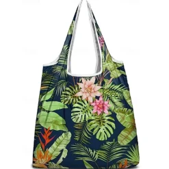 Reusable Foldable Shopping Bag with Tropical Print – Large Capacity Eco-Friendly Tote for Women, Lightweight and Durable for Groceries, Travel or Beach Use Blue Green