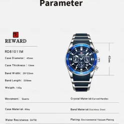 REWARD Men Quartz Watch Outdoor Sports Fashion Casual Luminous Calendar Chronograph Waterproof Steel Silicone Gel Watch