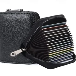 RFID 20 Card Slots Credit Card Holder Genuine Leather Small Card Case for Women or Men Accordion Wallet with Zipper