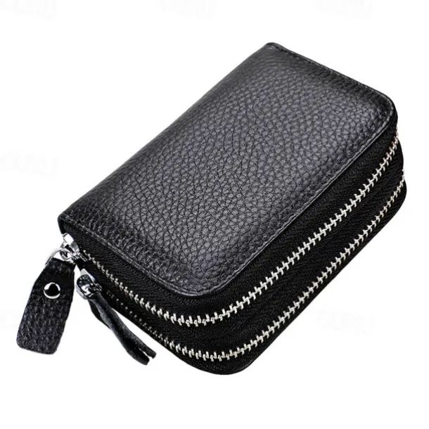 RFID Blocking Leather Coin Purse Twin Golden Metal Zippers Sectioned Concertina 9 Credit Card Case 4 Pocket money Case
