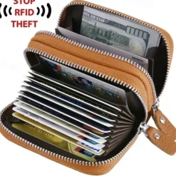 RFID Blocking Leather Coin Purse Twin Golden Metal Zippers Sectioned Concertina 9 Credit Card Case 4 Pocket money Case