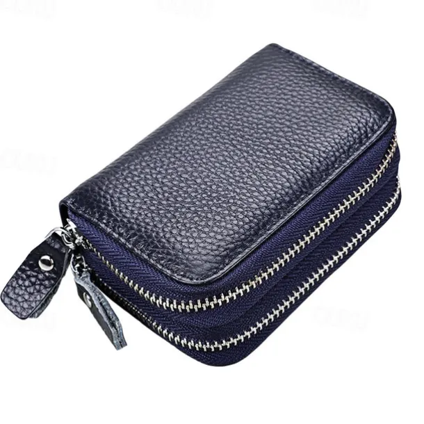 RFID Blocking Leather Coin Purse Twin Golden Metal Zippers Sectioned Concertina 9 Credit Card Case 4 Pocket money Case