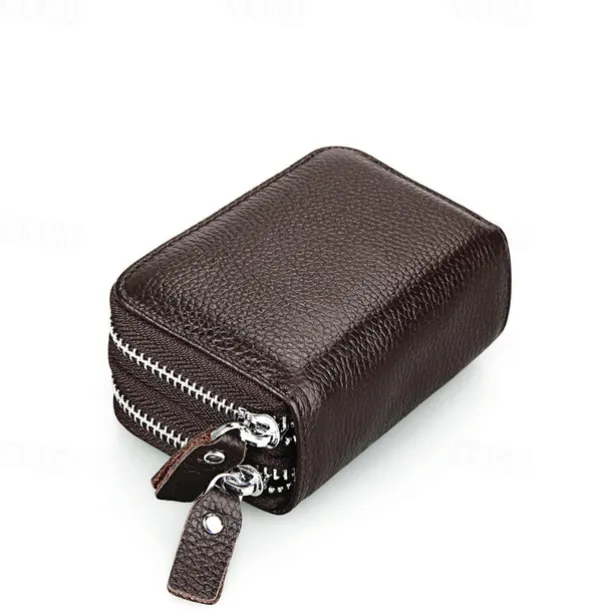 RFID Blocking Leather Coin Purse Twin Golden Metal Zippers Sectioned Concertina 9 Credit Card Case 4 Pocket money Case