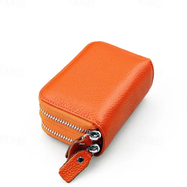 RFID Blocking Leather Coin Purse Twin Golden Metal Zippers Sectioned Concertina 9 Credit Card Case 4 Pocket money Case