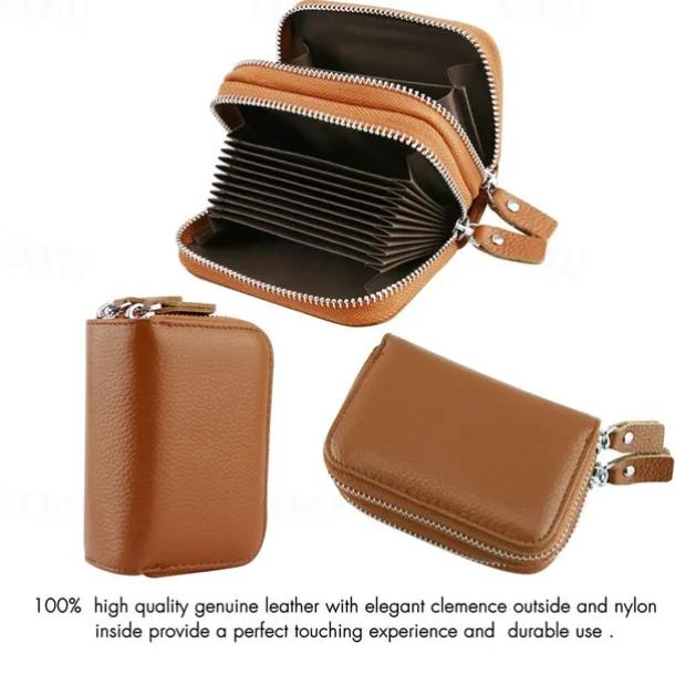 RFID Blocking Leather Coin Purse Twin Golden Metal Zippers Sectioned Concertina 9 Credit Card Case 4 Pocket money Case
