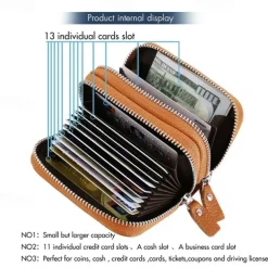RFID Blocking Leather Coin Purse Twin Golden Metal Zippers Sectioned Concertina 9 Credit Card Case 4 Pocket money Case