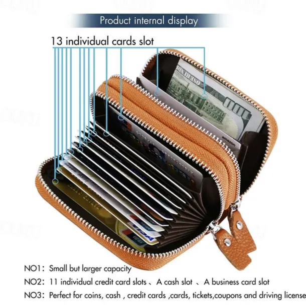 RFID Blocking Leather Coin Purse Twin Golden Metal Zippers Sectioned Concertina 9 Credit Card Case 4 Pocket money Case