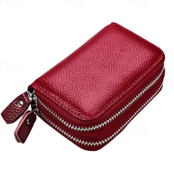 RFID Blocking Leather Coin Purse Twin Golden Metal Zippers Sectioned Concertina 9 Credit Card Case 4 Pocket money Case