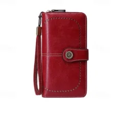 RFID Blocking Long Wallet With Wristlet, Retro Style Faux Leather Wallet With Multi Card Slots & Id Window