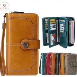 RFID Blocking Long Wallet With Wristlet, Retro Style Faux Leather Wallet With Multi Card Slots & Id Window