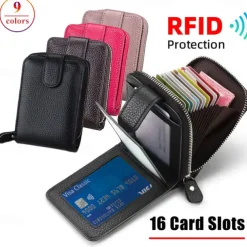 Rfid Credit Card Holder 16 Card Slots Wallet Genuine Leather Driver License ID Card Holder Walet Credit Card Case with Magnetic Shut Single Compartment for Women Men