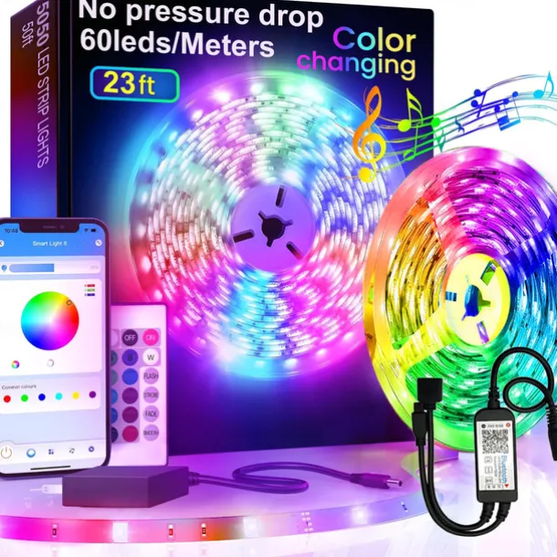 RGB LED Strip Lights Kit, High Brightness 7m 3.5m Strip Lights without Voltage Drop, Samrt WIFI or Bluetooth Controller Music Synchronization Control APP Control Suitable for Family Atmosphere Festivals Music Party