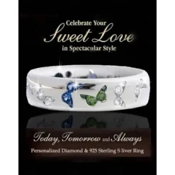 rhinestone butterfly ring for women teen girls, elegant silver plated cubic zircon engagement ring, birthday anniverstay jewelry gift (blue, 6)