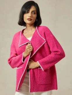 Ribbed Knit Wool Blend Drop Shoulder Cardigan