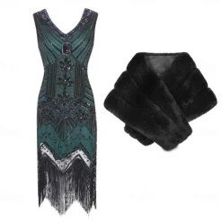Roaring 20s 1920s Cocktail Dress Flapper Dress Dress Outfits Normal Sleeveless The Great Gatsby Charleston Plus Size Sequins Tassel Fringe Sequin V Neck Fancy Dress Women's Christmas New Year