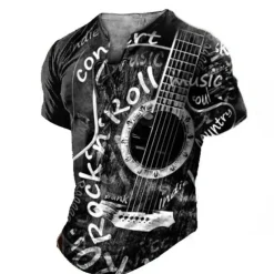 Rock N Roll Guitar Mens Graphic Shirt And 3D Red Summer Cotton Henley Tee Musical Instrument Clothing Apparel Print Daily Sports Short Sleeve Concert