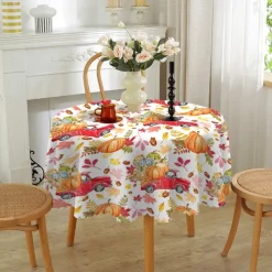 Round Fall Thanksgiving Tablecloth Pumpkin Decorative Holiday Table Cloth Seasonal Dining-Table Cover, Waterproof and Washable Table Cover for Party Kitchen Dining Room Indoor