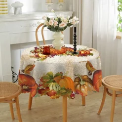 Round Fall Thanksgiving Tablecloth Pumpkin Decorative Holiday Table Cloth Seasonal Dining-Table Cover, Waterproof and Washable Table Cover for Party Kitchen Dining Room Indoor