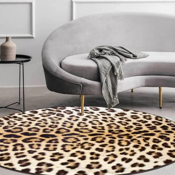 Round Leopard Print Area Rug Floor Decor Non Slip Absorbent Carpet For Entryway Bedroom Living Room Sofa Home Deco