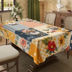 Rural American Floral Pattern Print Rectangle Tablecloth Waterproof Rectangular Table Cloth for Kitchen Dining