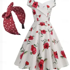 50s A-Line Dress 1950s Grease Outfits Vintage Elegant Summer Cocktail Dress Women's Off Shoulder Vintage Dress Wedding Party Knee Length A-Line Dress Masquerade