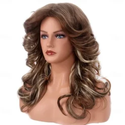 70s Brown Highlight Disco Wig Farrah Fawcett Wigs for Women Lady Natural Synthetic Full Wigs Vintage Cosplay Costume Hair Wig Halloween Wigs