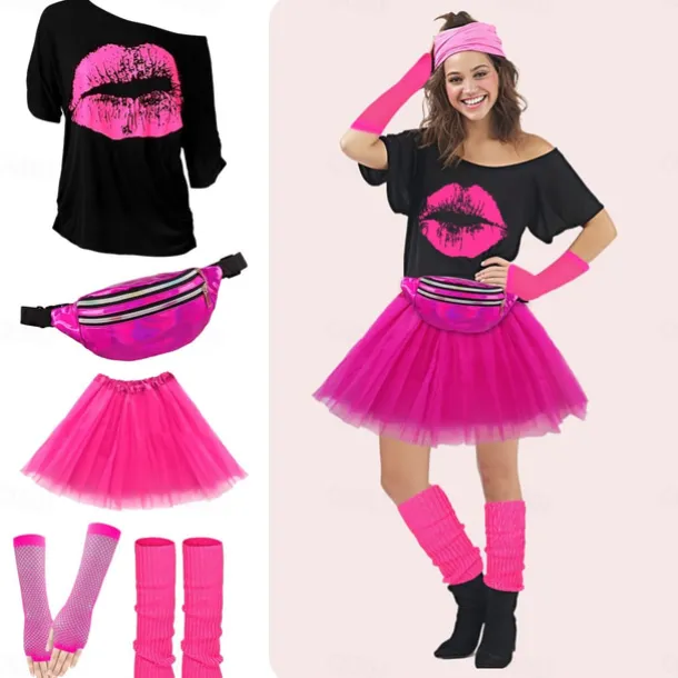 80s Costume Accessories for Women 1980s T-Shirt Tutu Fanny Pack Headband Earring Necklace Fishnet Gloves Legwarmers