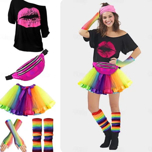 80s Costume Accessories for Women 1980s T-Shirt Tutu Fanny Pack Headband Earring Necklace Fishnet Gloves Legwarmers