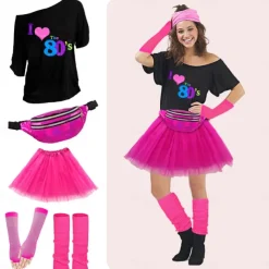 80s Costume Accessories for Women 1980s T-Shirt Tutu Fanny Pack Headband Earring Necklace Fishnet Gloves Legwarmers