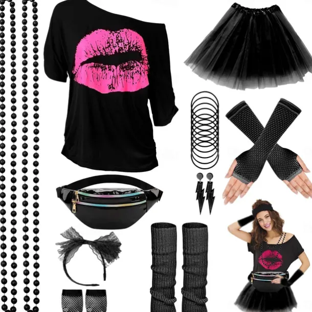 80s Costume Accessories for Women 1980s T-Shirt Tutu Fanny Pack Headband Earring Necklace Fishnet Gloves Legwarmers