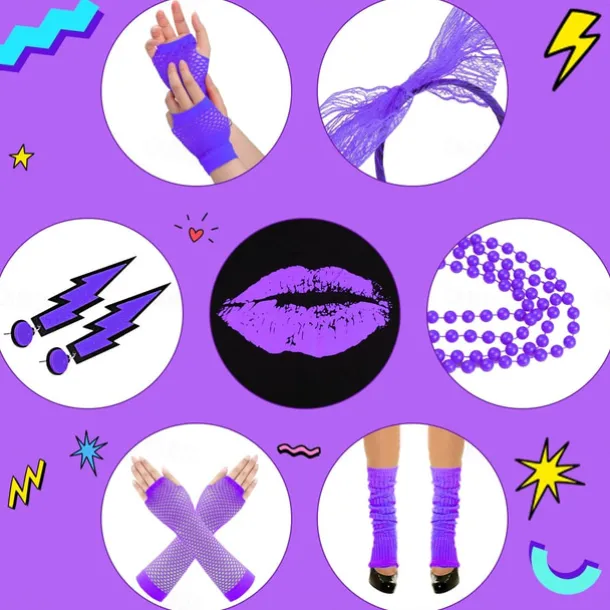 80s Costume Accessories for Women 1980s T-Shirt Tutu Fanny Pack Headband Earring Necklace Fishnet Gloves Legwarmers