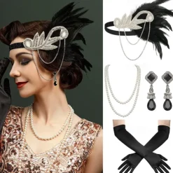 1920s Flapper Headband Feather Accessories Set for Women 4 PCS Roaring 20s Great Gatsby Faux Pearl Necklace Gloves Earrings Masquerade Halloween Carnival