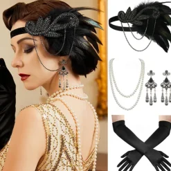 1920s Flapper Headband Feather Accessories Set for Women 4 PCS Roaring 20s Great Gatsby Faux Pearl Necklace Gloves Earrings Masquerade Halloween Carnival