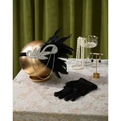1920s Flapper Headband Feather Accessories Set for Women 4 PCS Roaring 20s Great Gatsby Faux Pearl Necklace Gloves Earrings Masquerade Halloween Carnival