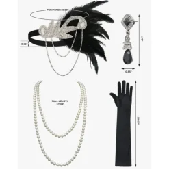 1920s Flapper Headband Feather Accessories Set for Women 4 PCS Roaring 20s Great Gatsby Faux Pearl Necklace Gloves Earrings Masquerade Halloween Carnival