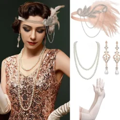 1920s Flapper Headband Feather Accessories Set for Women 4 PCS Roaring 20s Great Gatsby Faux Pearl Necklace Gloves Earrings Masquerade Halloween Carnival