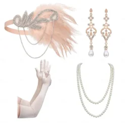 1920s Flapper Headband Feather Accessories Set for Women 4 PCS Roaring 20s Great Gatsby Faux Pearl Necklace Gloves Earrings Masquerade Halloween Carnival