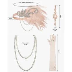 1920s Flapper Headband Feather Accessories Set for Women 4 PCS Roaring 20s Great Gatsby Faux Pearl Necklace Gloves Earrings Masquerade Halloween Carnival