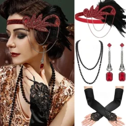 1920s Flapper Headband Feather Accessories Set for Women 4 PCS Roaring 20s Great Gatsby Faux Pearl Necklace Gloves Earrings Masquerade Halloween Carnival