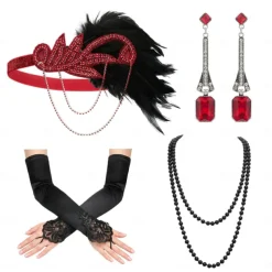 1920s Flapper Headband Feather Accessories Set for Women 4 PCS Roaring 20s Great Gatsby Faux Pearl Necklace Gloves Earrings Masquerade Halloween Carnival