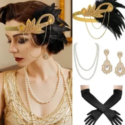 1920s Flapper Headband Feather Accessories Set for Women 4 PCS Roaring 20s Great Gatsby Faux Pearl Necklace Gloves Earrings Masquerade Halloween Carnival