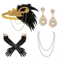 1920s Flapper Headband Feather Accessories Set for Women 4 PCS Roaring 20s Great Gatsby Faux Pearl Necklace Gloves Earrings Masquerade Halloween Carnival